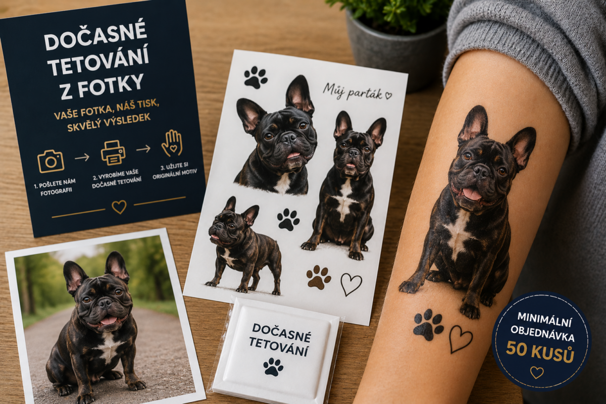Dočasné tetování z fotky psa vytvořené z vlastní fotografie na zakázku