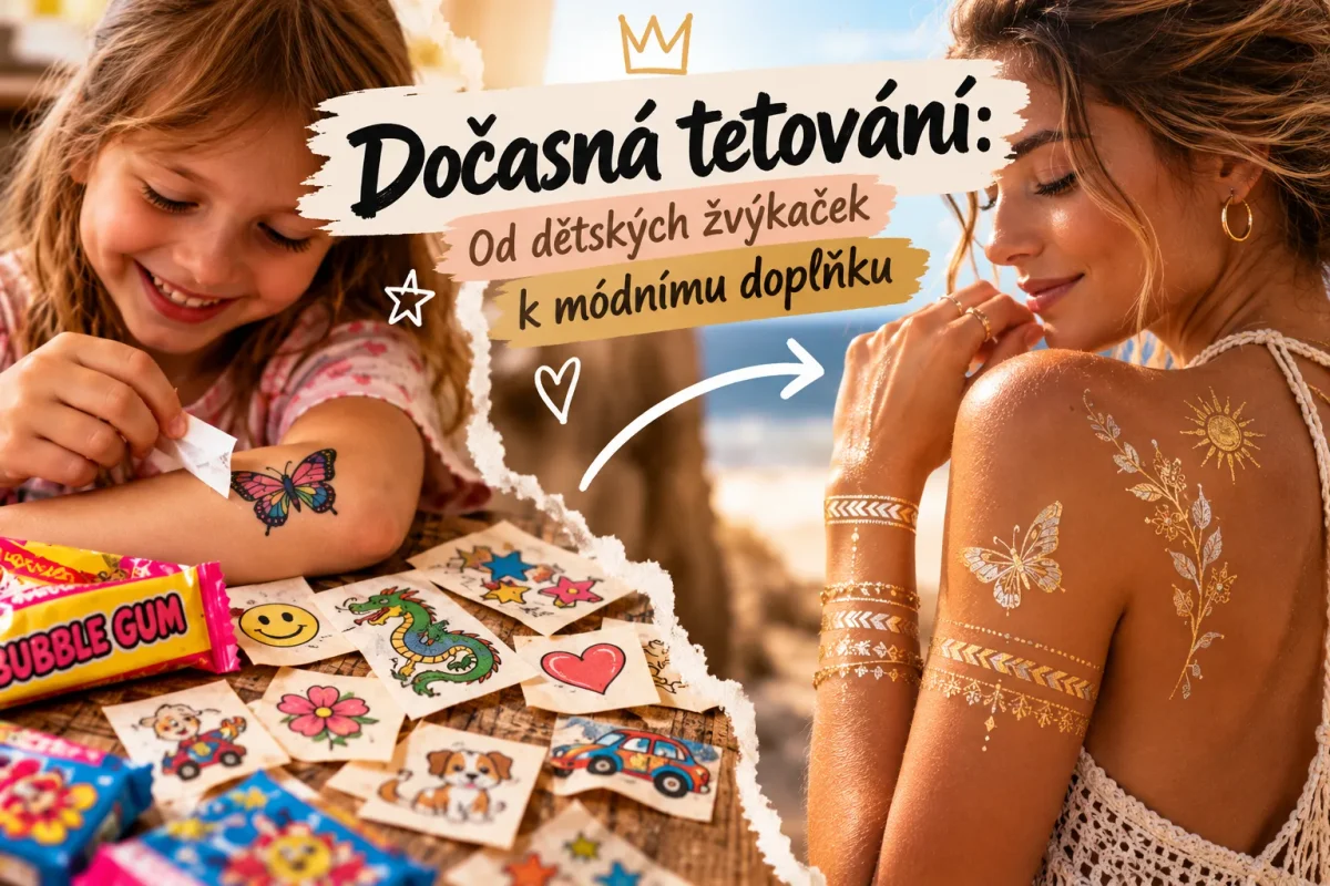 Dočasná tetování od dětských žvýkaček po moderní módní doplňky – barevné tetování motýla u dítěte a elegantní zlatá metalická tetování na ženě.